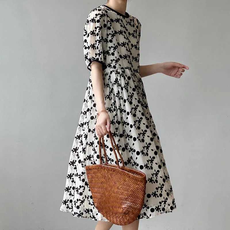 Fashion Summer Maternity Puff Sleeve Loose Chiffon A-line Dress High Waist O-Neck Pregnant Woman Lightweight Ball Gown DressT250311