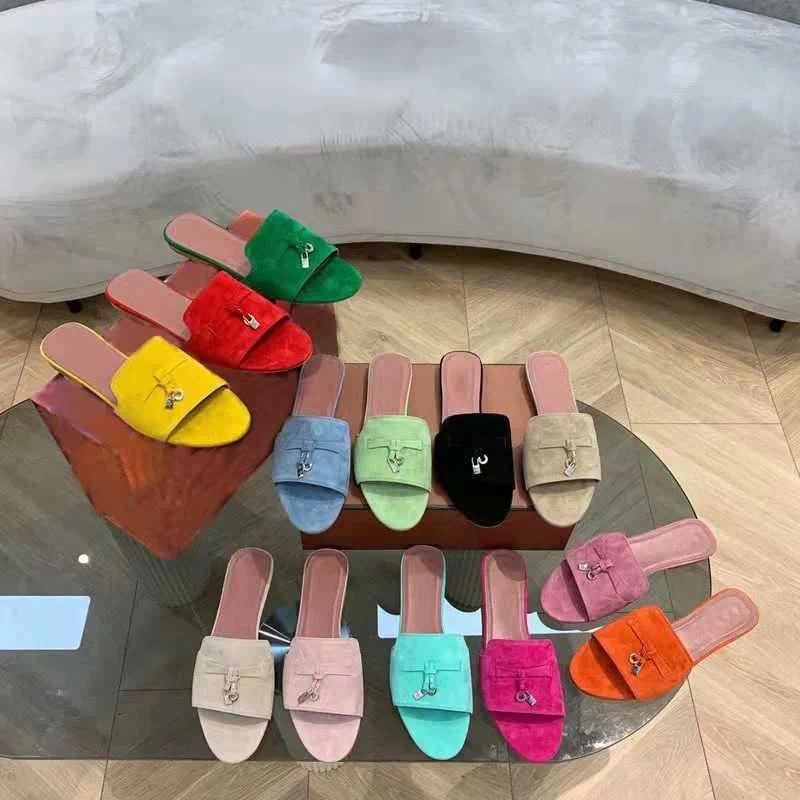 Sandals Flat Bottom Outerwear Cowhide Suede Half Tug Lazy Person Open Toe One Word Cool Trawl Net Red Comfortable Large J240315