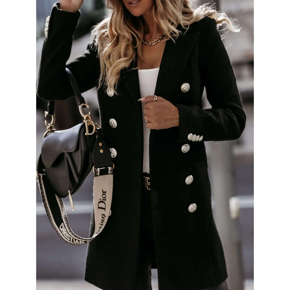 2023 Autumn/Winter Long Sleeved Suit Collar Double Breasted Ni Coat For Women