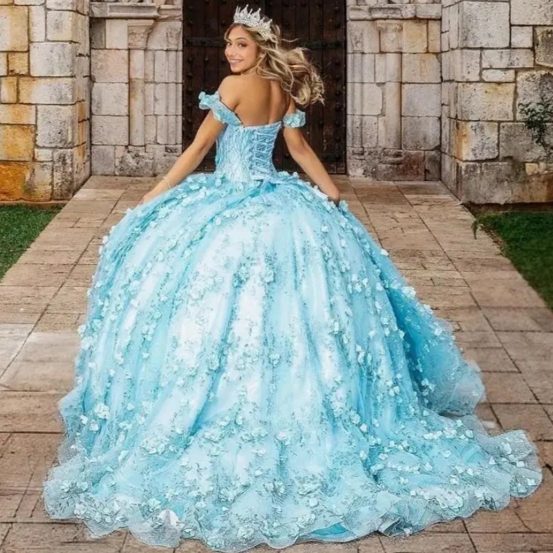 Sky Blue Off The Shoulder Princess Ball Gown Quinceanera Dresses 3D Flower Sequin Applique Beads Sweet 16 Dress Vestidos 15 Anos