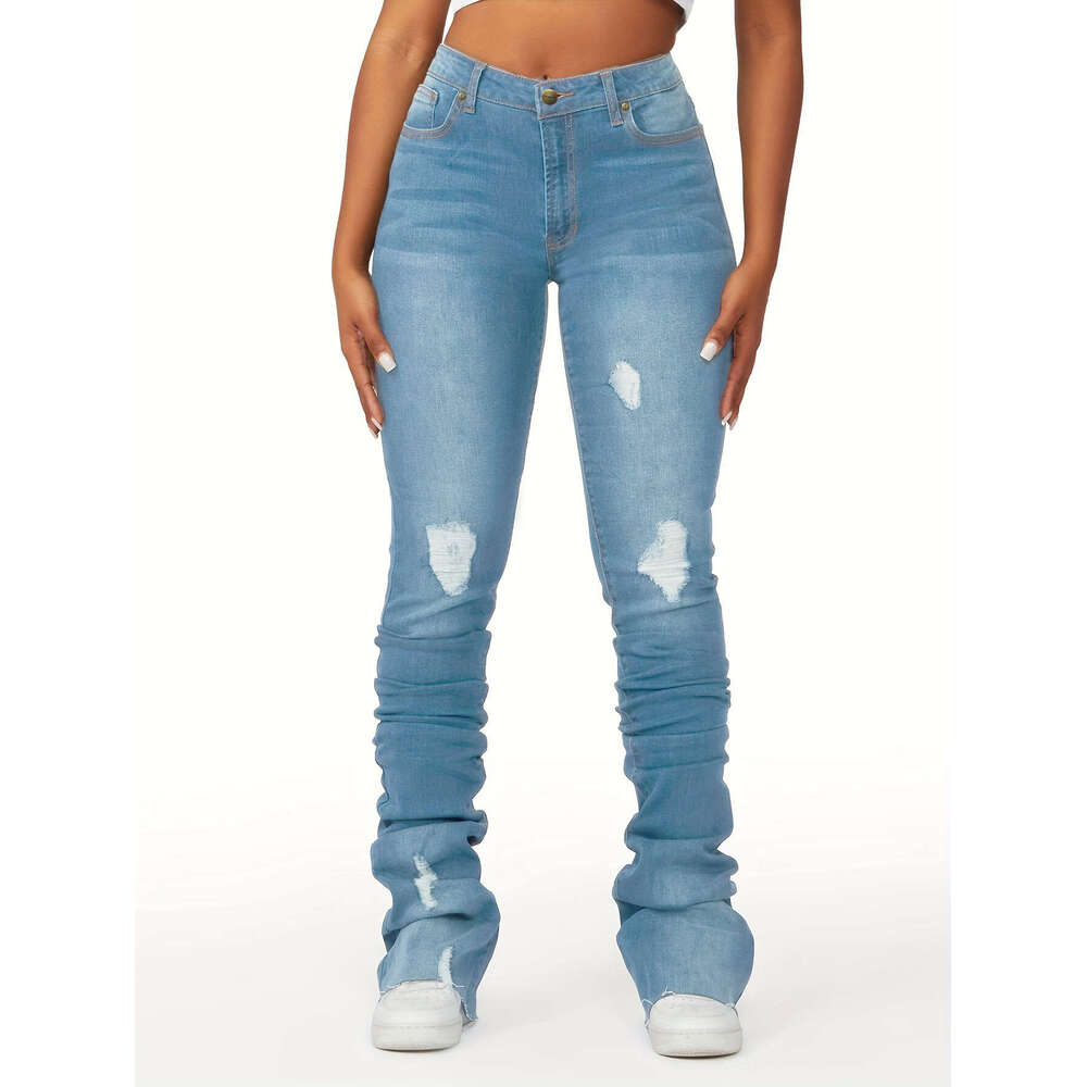 high waisted layered denim bell bottom European American Instagram trendy styles, slim fit and perforated women's straight bucket pants, 2025 tem