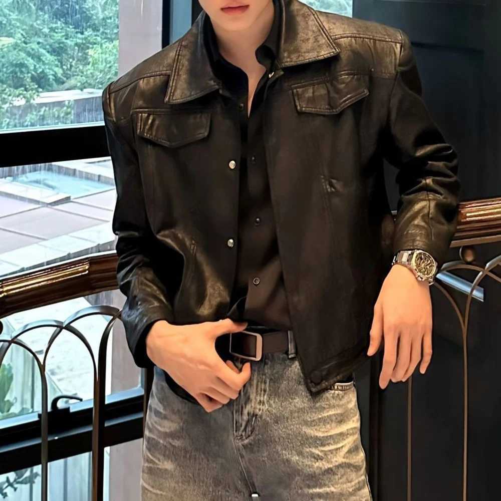 Mens Pu Leather Motorcycle Grunge Slim Casual Pu Jacket Spring Streetwear Youth Campus Jacket Old Money MenS Clothing 2025 NewT250311
