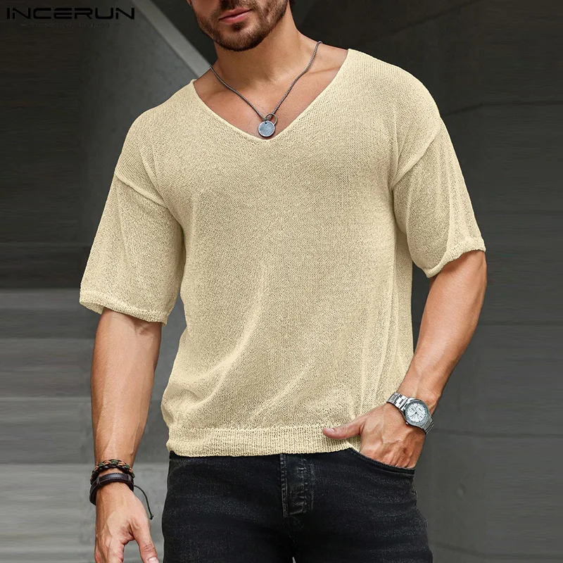 INCERUN Tops Fashionable Men Vneck Slightly Transparent Tshirts Casual Well Fitting Male Short Sleeved Shirt S5XL 250311