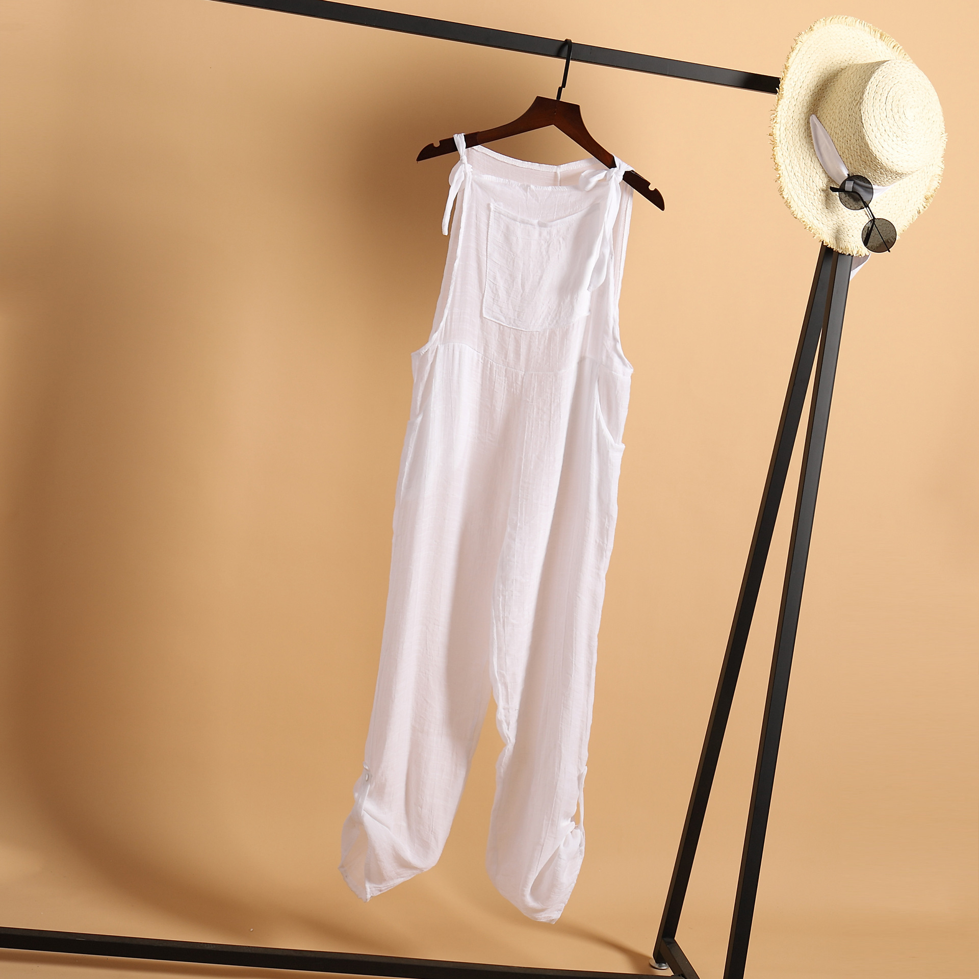 Ins Autumn Casual Beach Pants Solid Color Wide Leg Sunscreen Jumpsuit Strap Pants