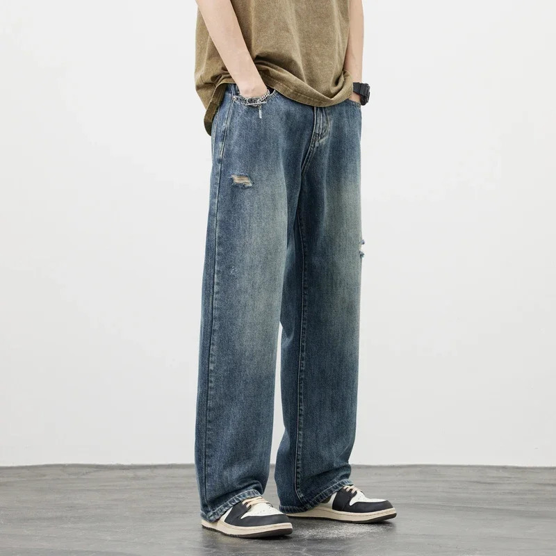 Korea Baggy Jeans Mens Vintage Straight Ripped Y2k Pants Fashion Frayed High Street Distressed Denim Trousers Male Clothes 250311