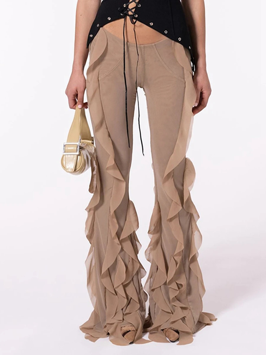 Womens solid color low rise elastic bell bottom mens pants pleated flame n fashionable streetwear fashionable appearance 250305