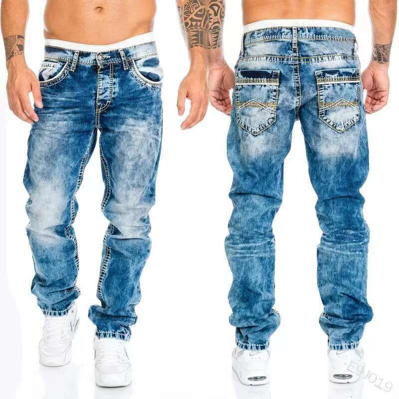 Retro Washed Straight Leg Hip-hop Fashion Designer Men s Streetwear Casual Denim Work Pants Spring And Autumn Zipper Printed Elastic Jeans 2025 New It
