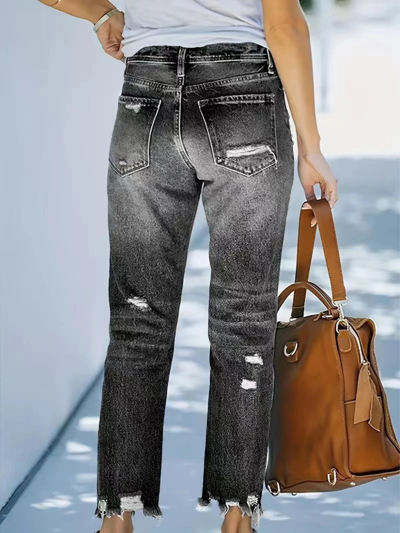 Womens selling midwaist straight pants washed casual ripped jeans 250311