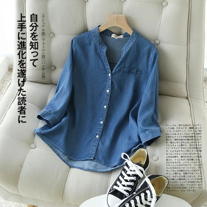 Blue denim Lyocell casual Vneck single chest quarter sleeved womens shirt Korean fashion top 250310