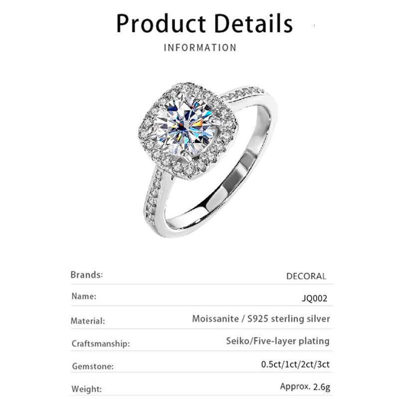 Factory Wholesale 1/2/3Carat Round Shape Pass Diamond Tester Moissanite Ring Many Color Moissanite Ring for Women