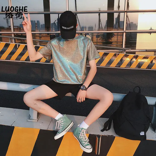 Shiny short sleeved T-shirt fashionable summer mens stage costume DJ top 250310