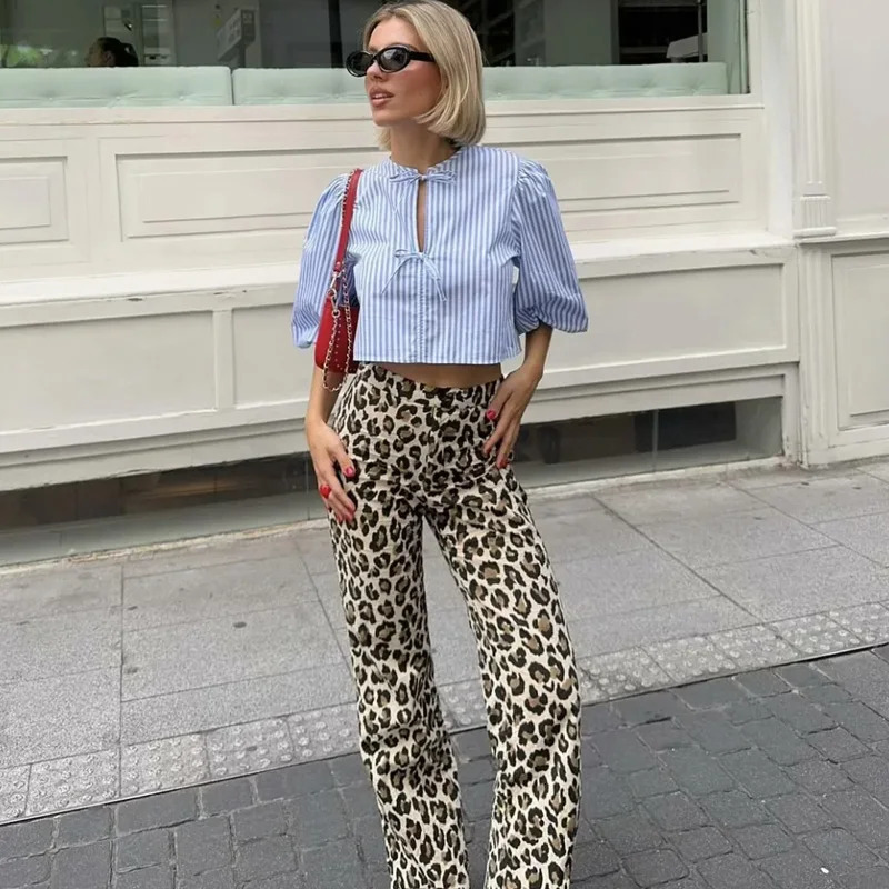 TRAF Womens Trousers Leopard Print Pants For Women Vintage High Waist Baggy Wide Woman Streetwear Straight Long 250310