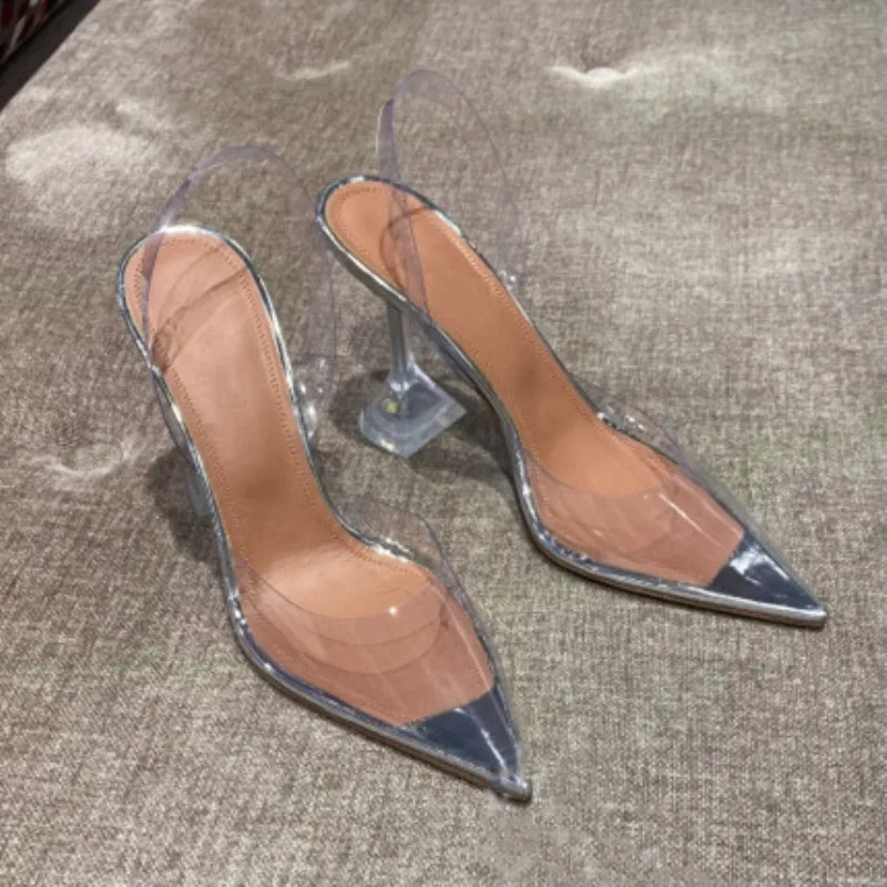 PVC Jelly Sandals Crystal Pointed Toed High Heels Women Transparent Heel Sandals Slippers 10CM Big Size 250310