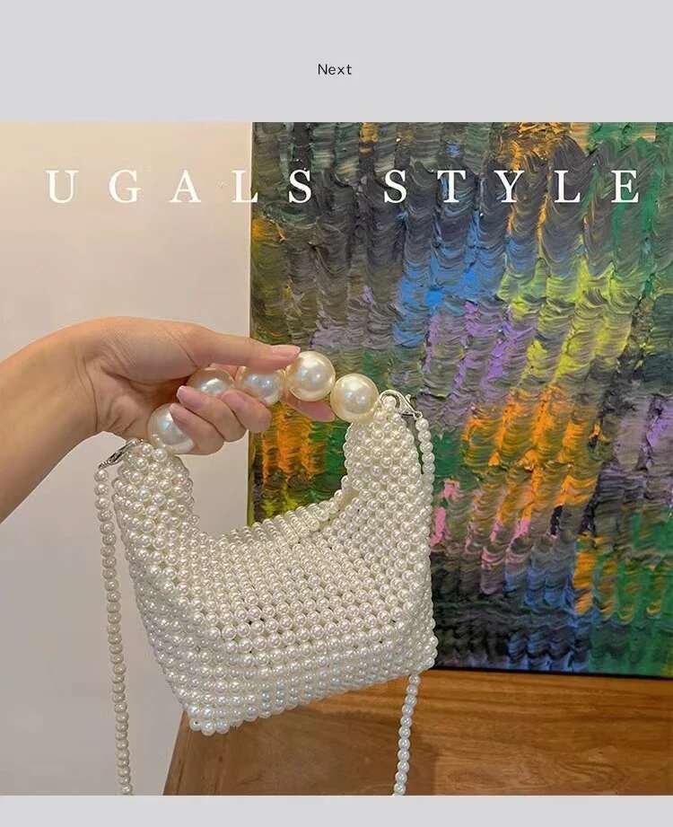 Pearl Beading Woven Handmade Hobo Fashion Women Handbag Evening Wedding Party Clutch Purse Shoulder Crossbody Bag