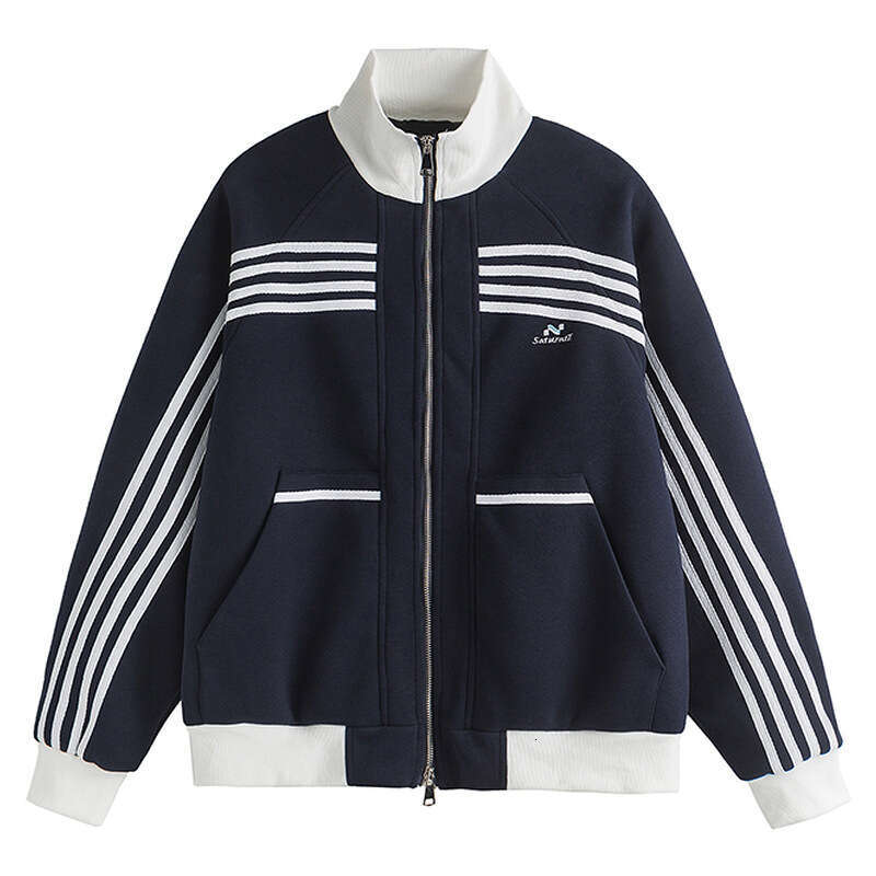 American Striped Sports Hoodie Jacket Men's Trendy Brand Spring And Autumn New High Street Design Sense Casual Stand Up Collar Zipper Cardigan