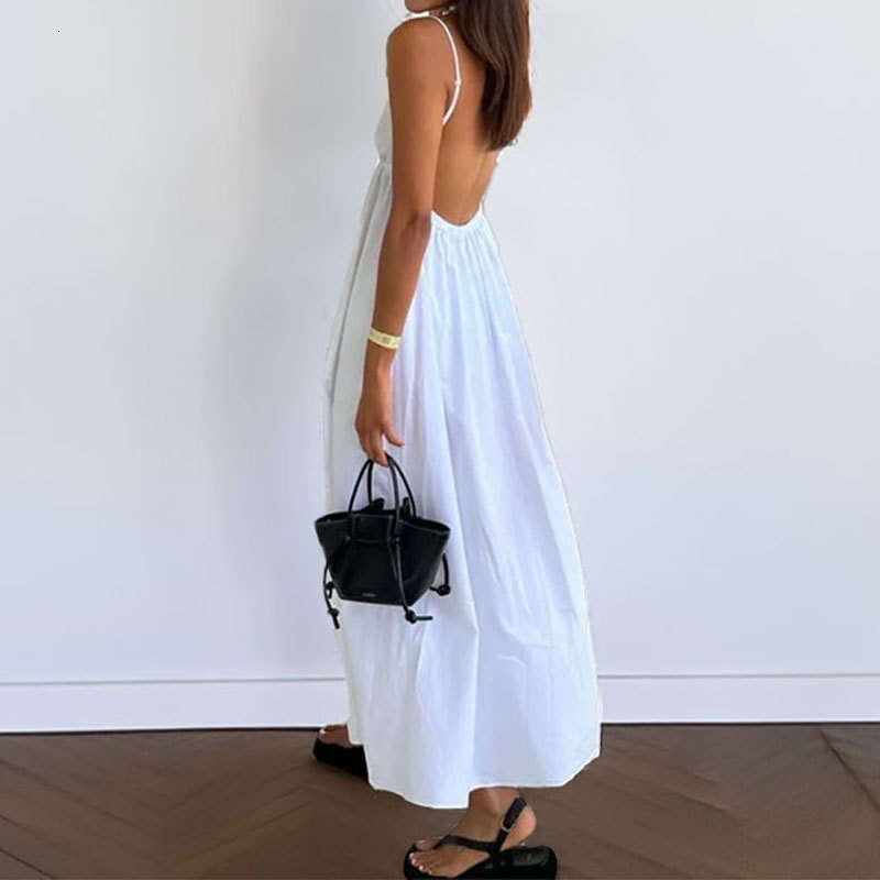 2025 New Women's Fashion Sexy Backless Versatile Solid Color V-Neck Strap Dress KLMY
