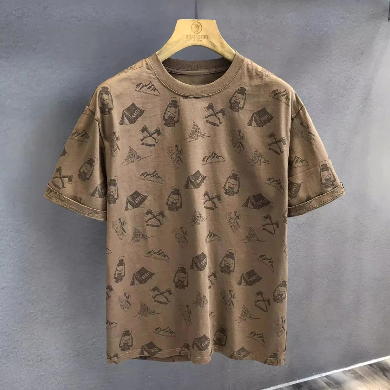 Summer Men Trendy Vintage Print Casual Streetwear Y2K Tees Harajuku Short Sleeve Loose T-shirt O Neck Cotton Basic Tops Clothing 250310