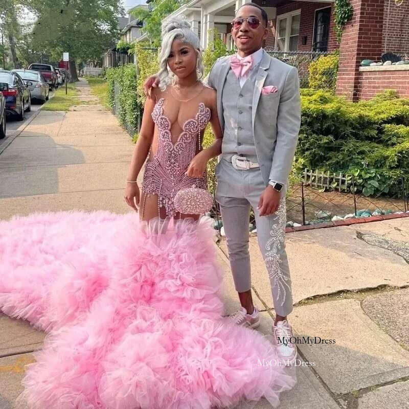 Pink Long Prom Dress For Black Girls Mermaid Sheer Ruffled Beaded Crystals Birthday Party Dresses Women Evening Gown Customized al0311