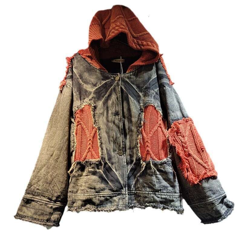 Personalized Distressed Denim Stitching Fried Dough Twists Wool Contrast Hooded Cardigan Thickened Plush Short Coat For Winter Women