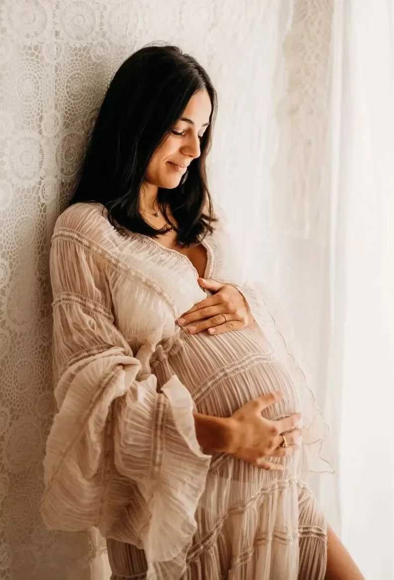 Boho Rustic Maternity Dress Photography Props Chiffon Pleated Slit Dress Pregnant Women V-neck Sexy Gypsy Dress Photoshoot Clothes X250224
