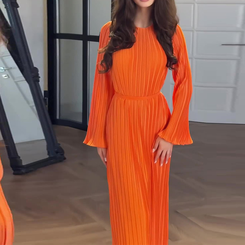 Plus Size Women Pleated Flared Sleeve Dress Spring Long Lantern Sleeve Sexy Round-neck Party Sundress Casual Loose Robe