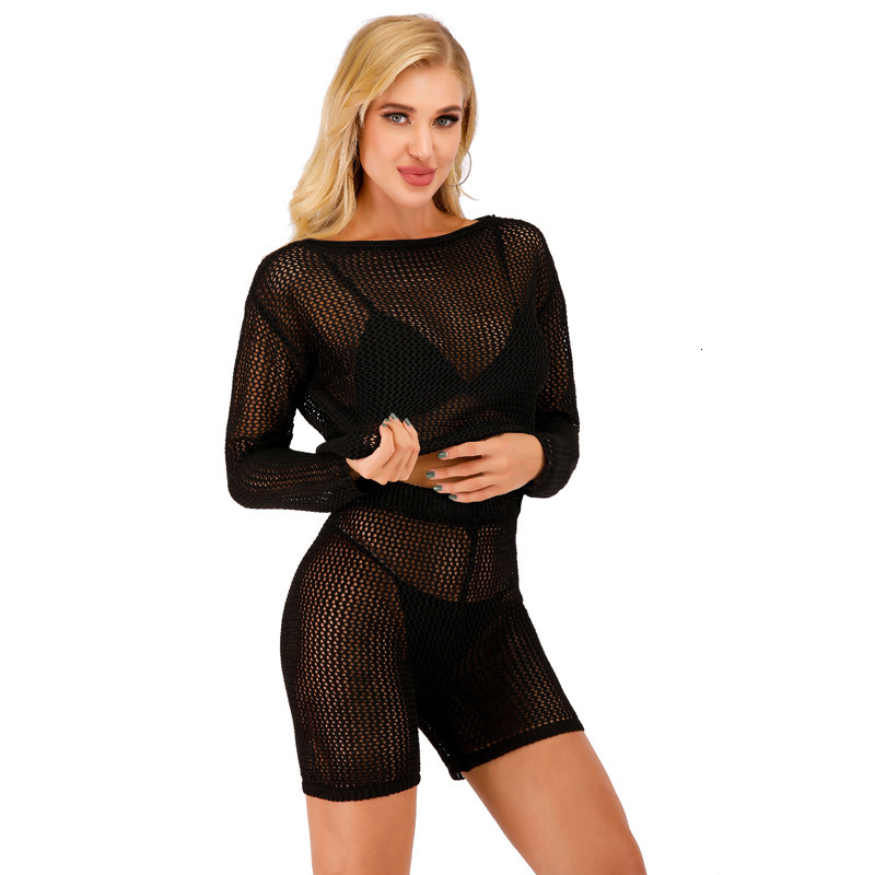 New Knitted Hollow Mesh Perspective Sexy Beach Cover Shirt Split Bikini Swimsuit Set