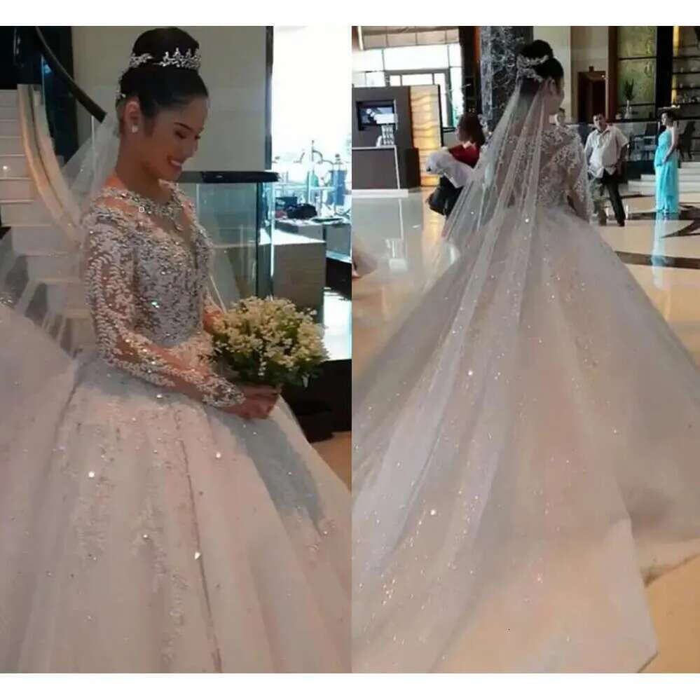 Pcs One Urious Beadings Appliques Ball Gown Wedding Dresses Sexy Sheer Sleeves Beads Ruched Long Train Bridal Gowns