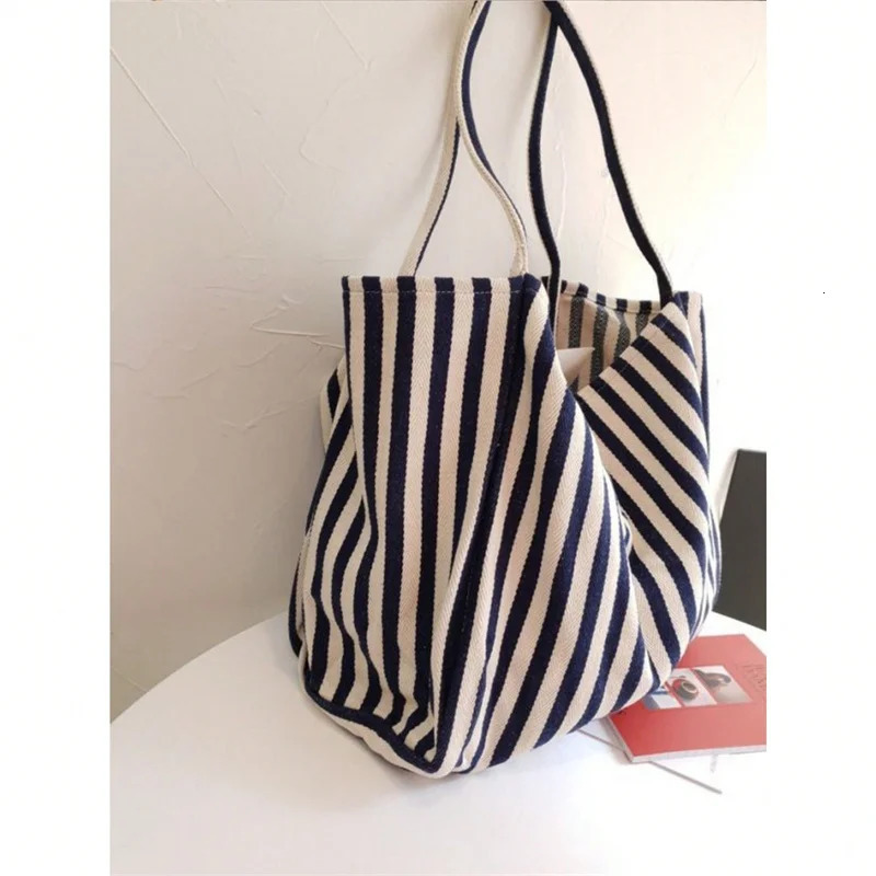 1PC Retro Art Storage Handbag Minimalist Stripe Canvas Bag Large Capacity Multi functional 250311