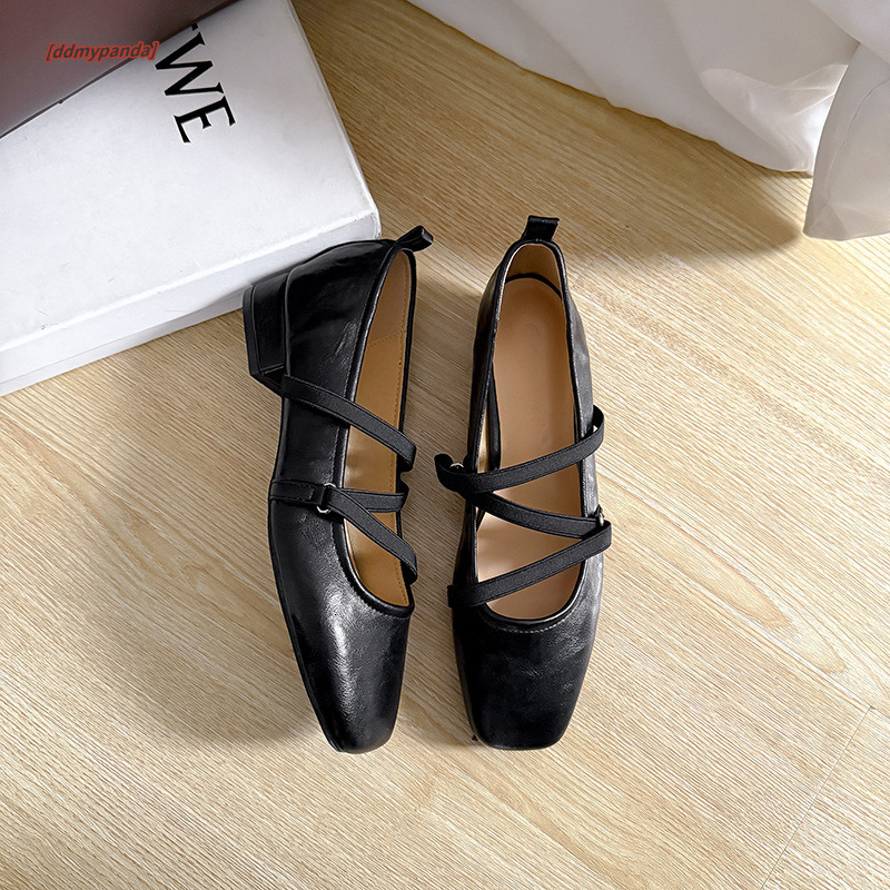 Soft leather handmade for women 2024 new square toe cross strap Mary Jane French style shallow mouth single shoes ddmypanda