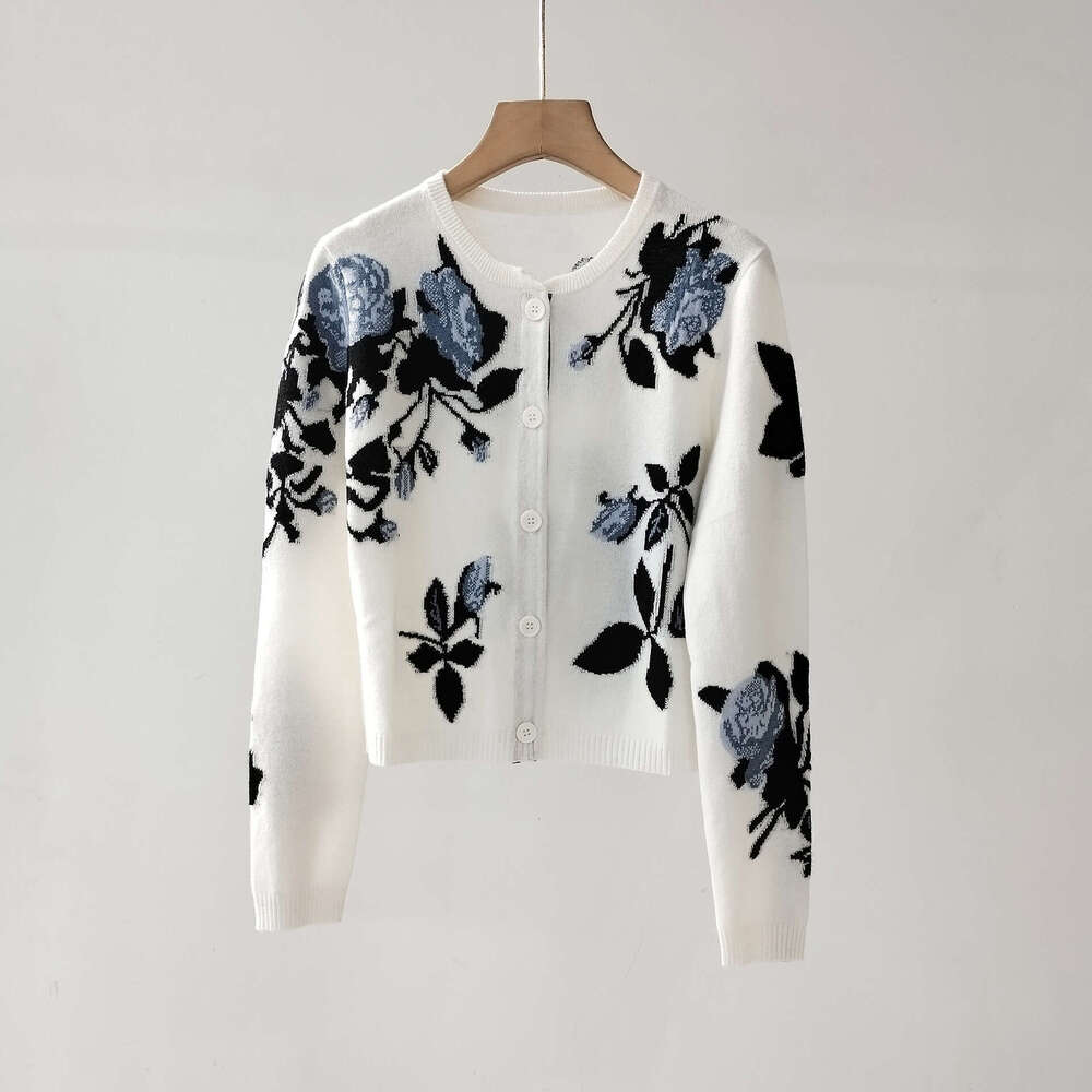 TB Autumn/Winter New Flower Jacquard Woolen High End Style Women's Temperament Round Neck Long Sleeve Knitted Cardigan Sweater
