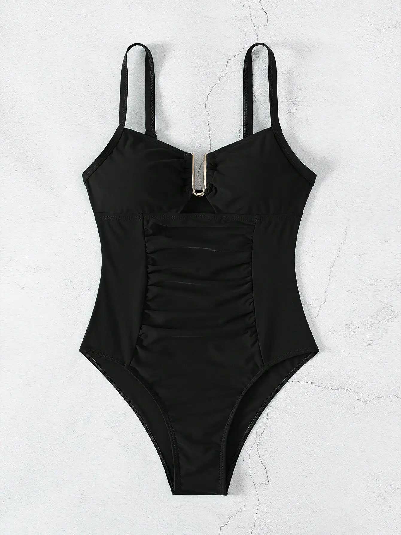 Summer black camisole one-piece swimsuit with front tie;T250310