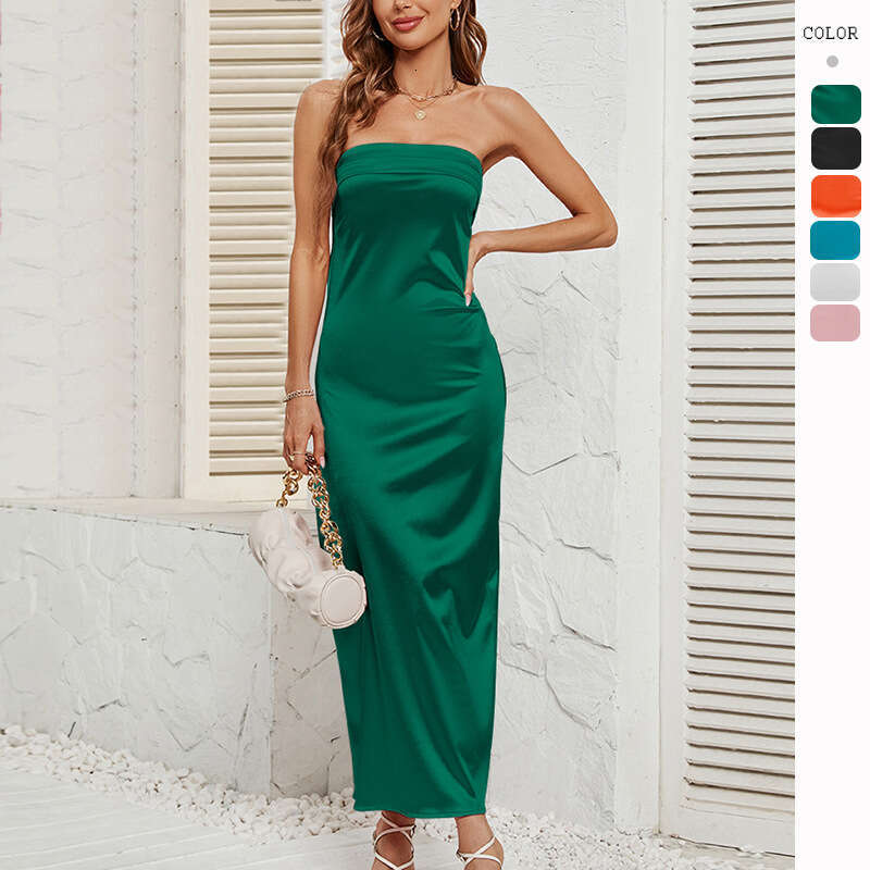 Summer European and American women's solid color chest wrapped elastic backless satin dress 2025 temperament versatile new trend clothing ins