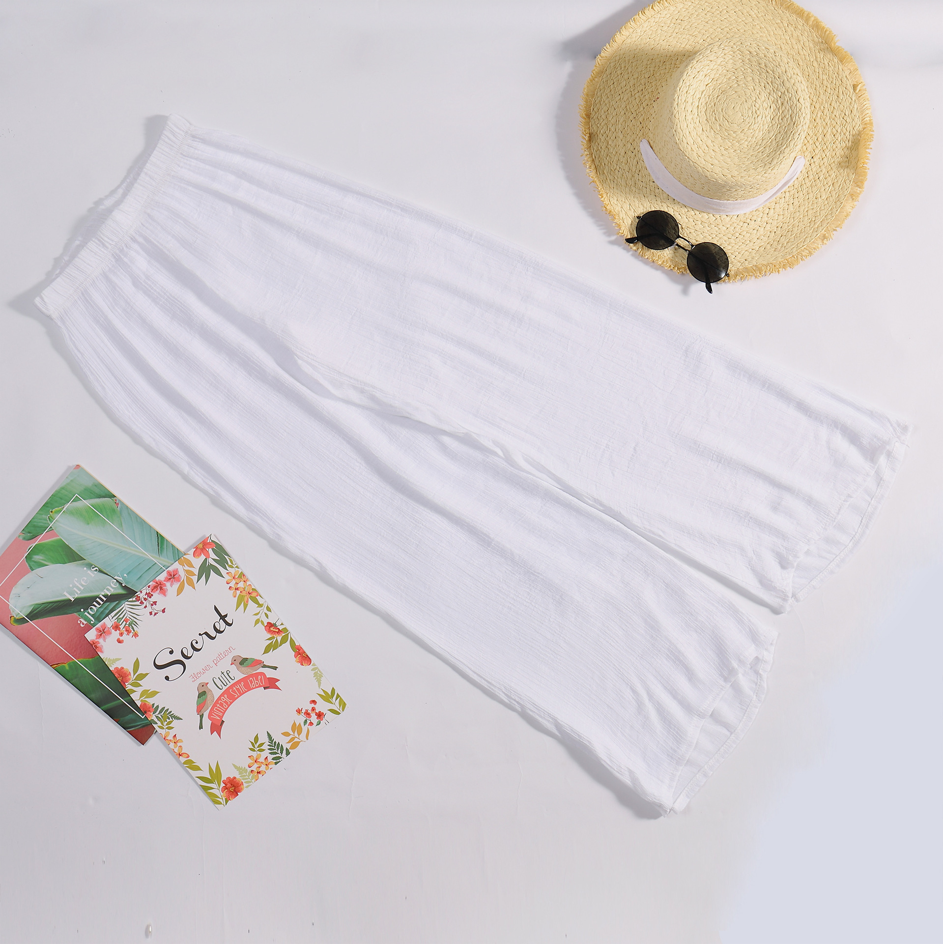 Bamboo Cotton Loose Home With Elastic Band, Casual Flared Wide Leg Pants, Sun Protection Beach Pants