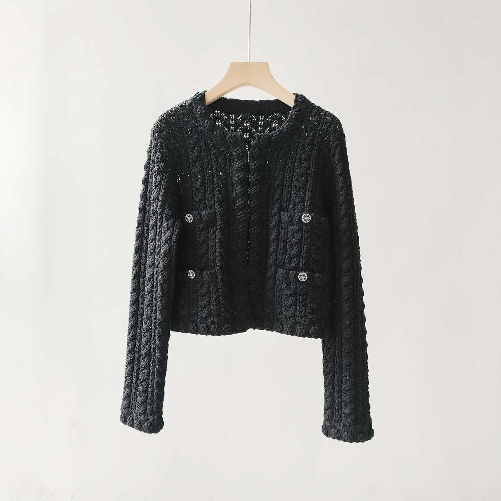 Pure Yuan High-End Small Fragrance Style Jacket Summer New Item Flower Metal Button Round Neck Hollow Knitted Cardigan Women's