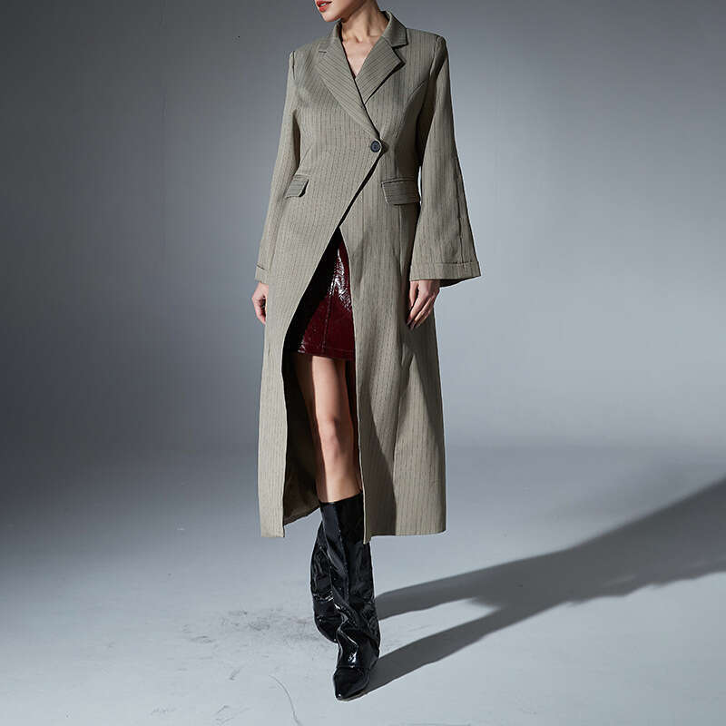 Street Trendy 2025 Spring New Style Suit Collar Sleeve Personalized Stripe Printed Long Windcoat Coat