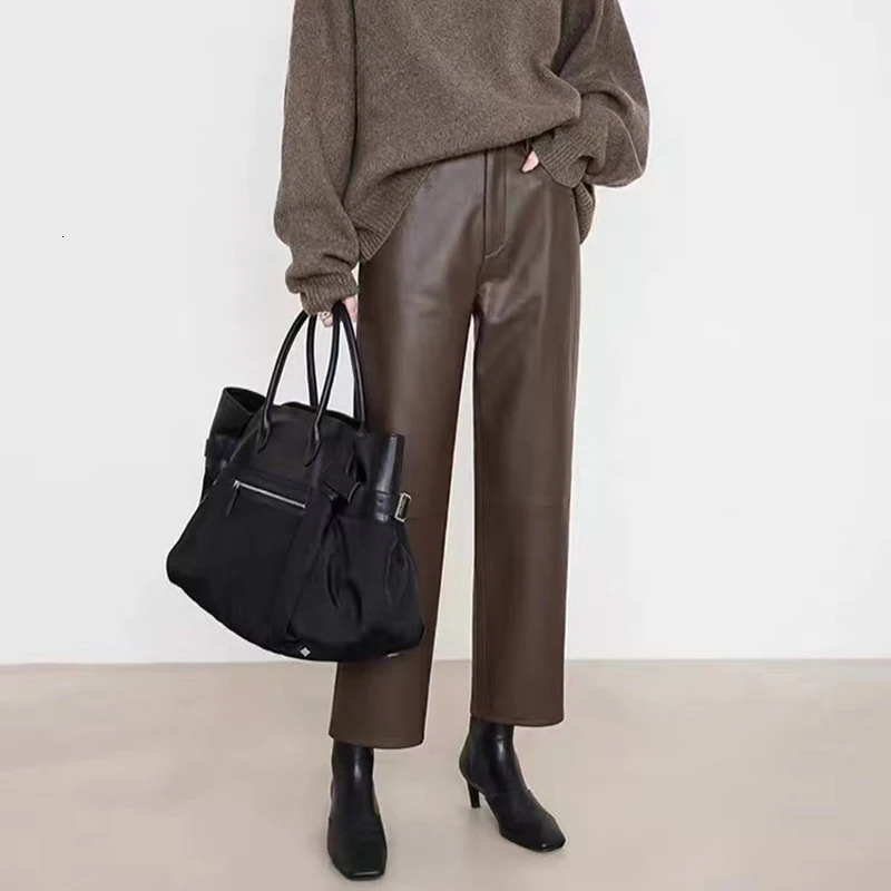 100 Leather Pants Women Autumn Winter Fashion Sheepskin High Waist Slim French Baguette Pants Casual Straight Cropped Trousers 250305