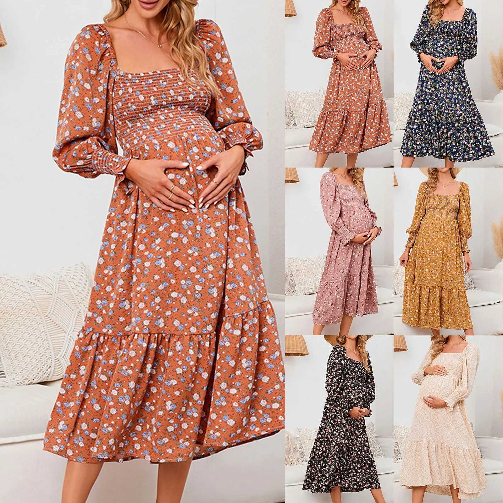 Women Support Belly Spring Pregnant Chiffon Dress Small Floral Dress Long Sleeved Dress Pregnants Holiday Party Dresses WomenT250311