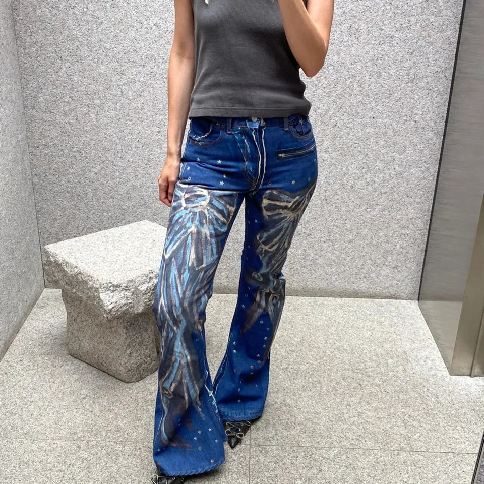 Yao888 Casual Jeans Digital Printing High Quality Bell Bottom Neutral Loose Street Clothing Retro Mens Fashion Jeans 250306