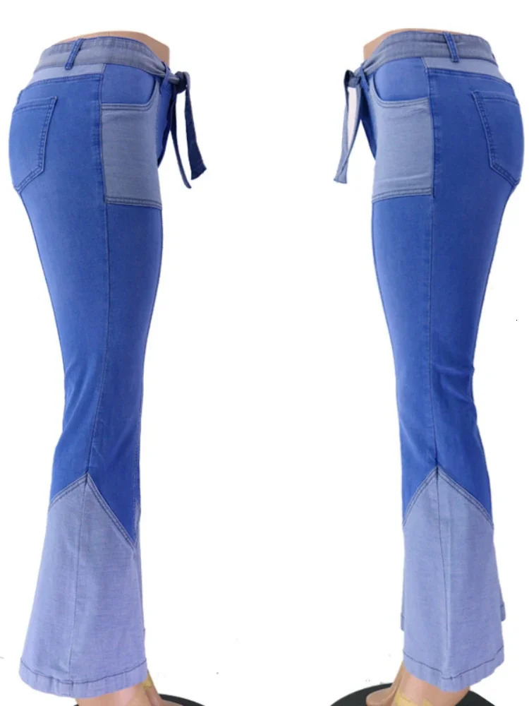 Retro Highwaisted Jeans Women Splicing European and American Clothing Denim Flared Pants Casual Trousers 250311