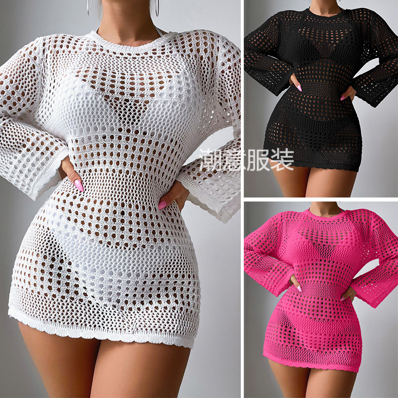 New Vacation And Leisure Hollow Long Sleeve Pullover Solid Color Fashion Sunscreen Shirt Mid Length Beach Cover