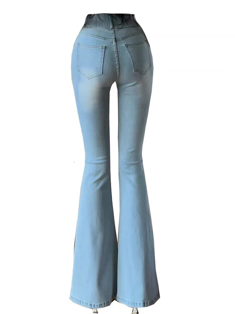 Autumn Women Fashionable High Waisted Flared Jeans Korean Style Street Wear Sexy Womens Slim Fit Elastic Full Crotch Jeans 250306