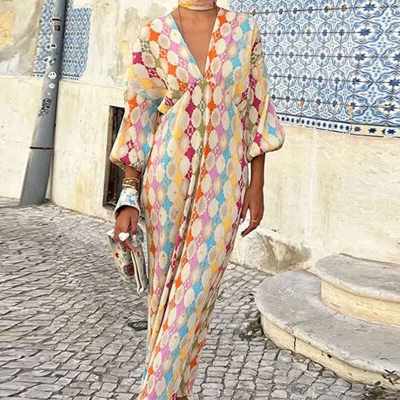 2025 Spring Women's Style Printed V-Neck High Waisted Lantern Long Sleeved Dress KLMY