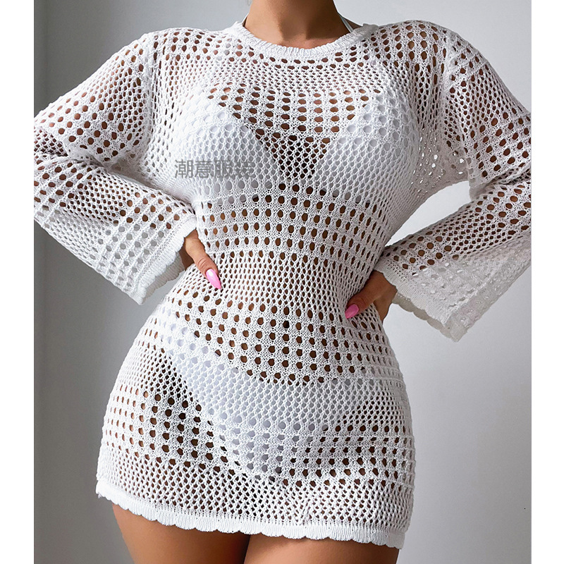 New Vacation And Leisure Hollow Long Sleeve Pullover Solid Color Fashion Sunscreen Shirt Mid Length Beach Cover