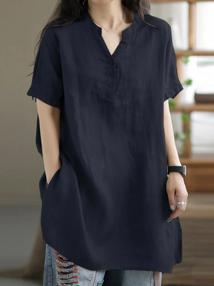 Summer Fashion Cotton and Hemp Womens Shirt Commuting Style Casual Half Open Short Sleeve Top 250311