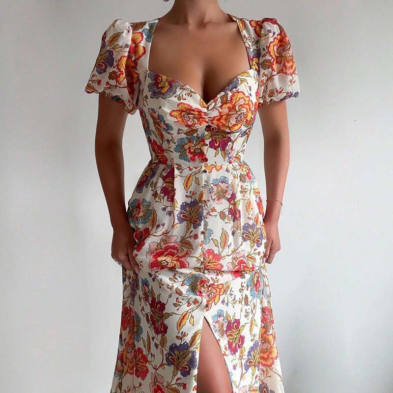 Women's New Style Temperament Printed Sexy Slit Bubble Sleeves High Waisted Winter Dress For Women 661 KLMY