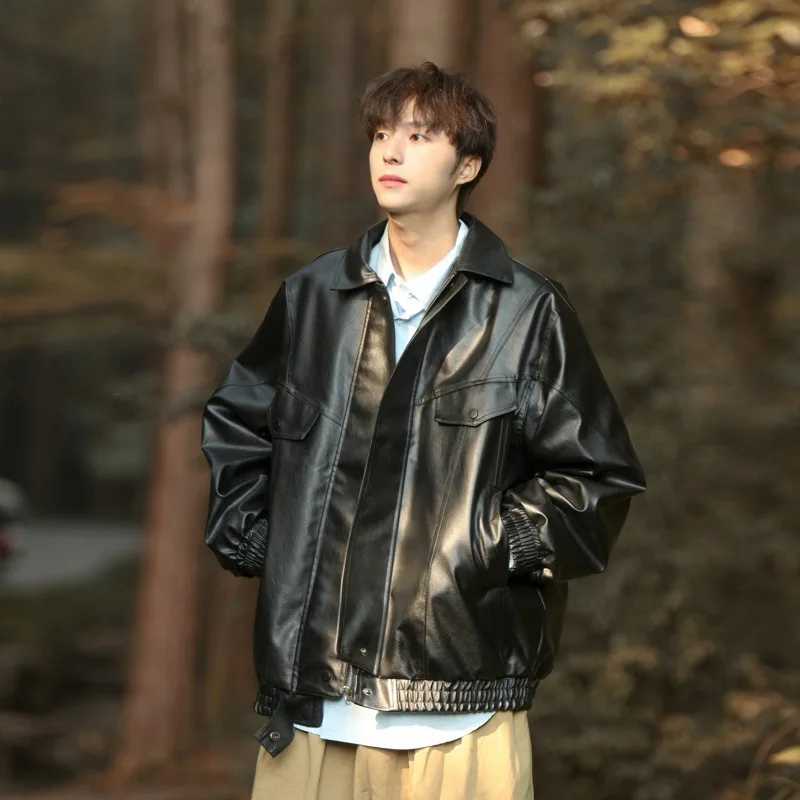 Mens Bomber Zippered Leather Jacket Mens Casual Street Multi Pocket Work Jacket Slim Fit Pilot Baseball Suit Mens ClothingT250311