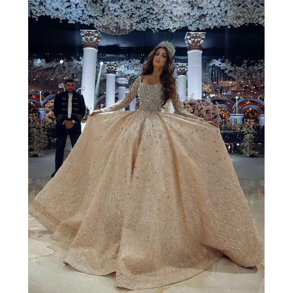 Vase dress, champagne, 2020, long sleeves, lace appliques, plus size, wedding dress