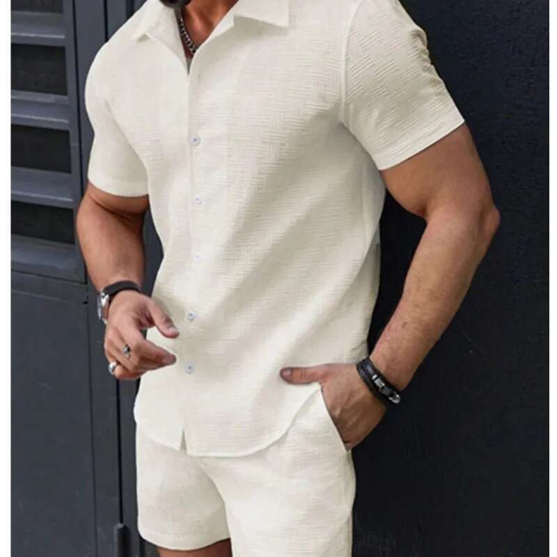 Spring2025/Summer Solid Color Corduroy Sleeve Shirt And Shorts Stretch Beach Casual Suit