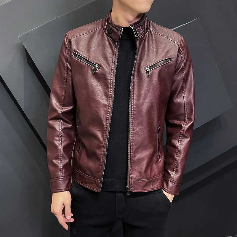 New Zipper Stand Windproof Leather Coat Mens Motorcycle Leather Jacket Slim Fit Short-Coat Lapel PU Jackets Autumn Mens ClothingT250311