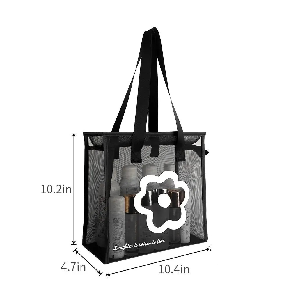 Clear Beach Tote Bag Fashion with Zipper Flower Cartoon Transparent Bag Nylon Mesh Wash Bag Woman R250311